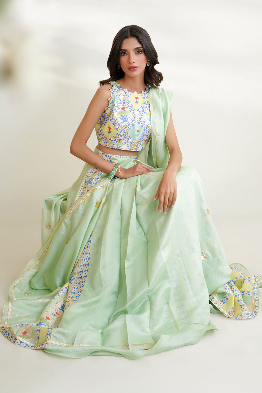 Pakistani Mint Gota Khaddi Silk Lehenga Set (3-Piece) - Image 8