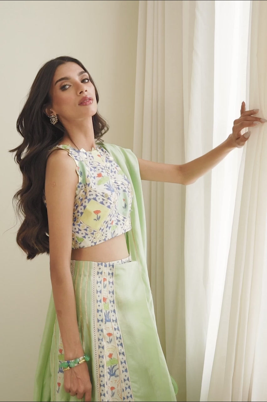 Pakistani Mint Gota Khaddi Silk Lehenga Set (3-Piece) - Image 9