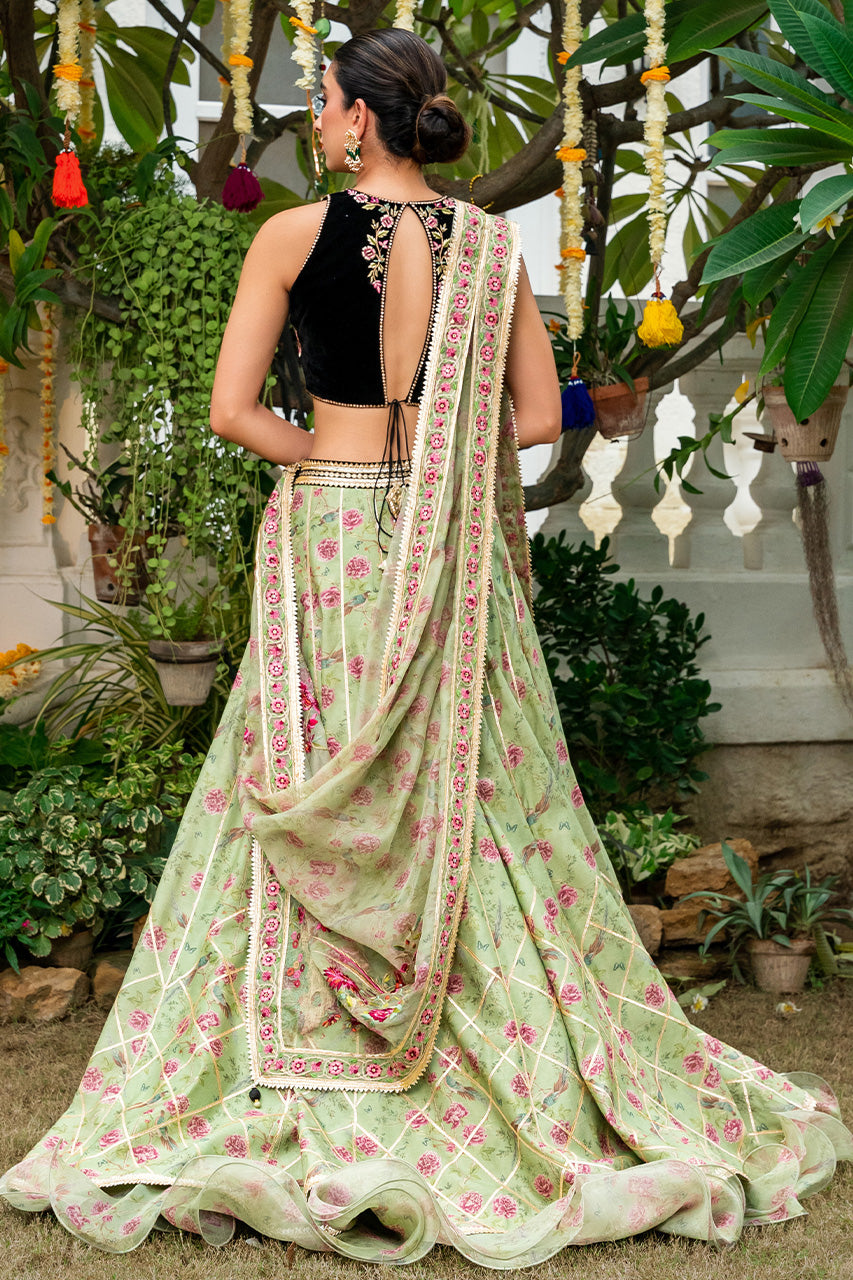 Pistachio Green Hand-Embroidered Khaddi Silk Lehenga (3-Piece) - Image 2