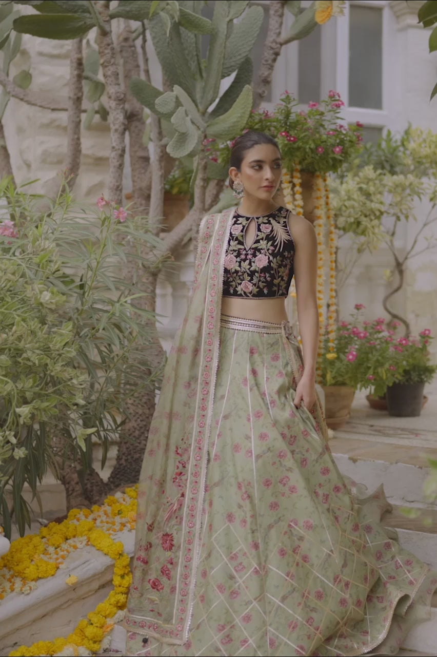 Pistachio Green Hand-Embroidered Khaddi Silk Lehenga (3-Piece) - Image 4