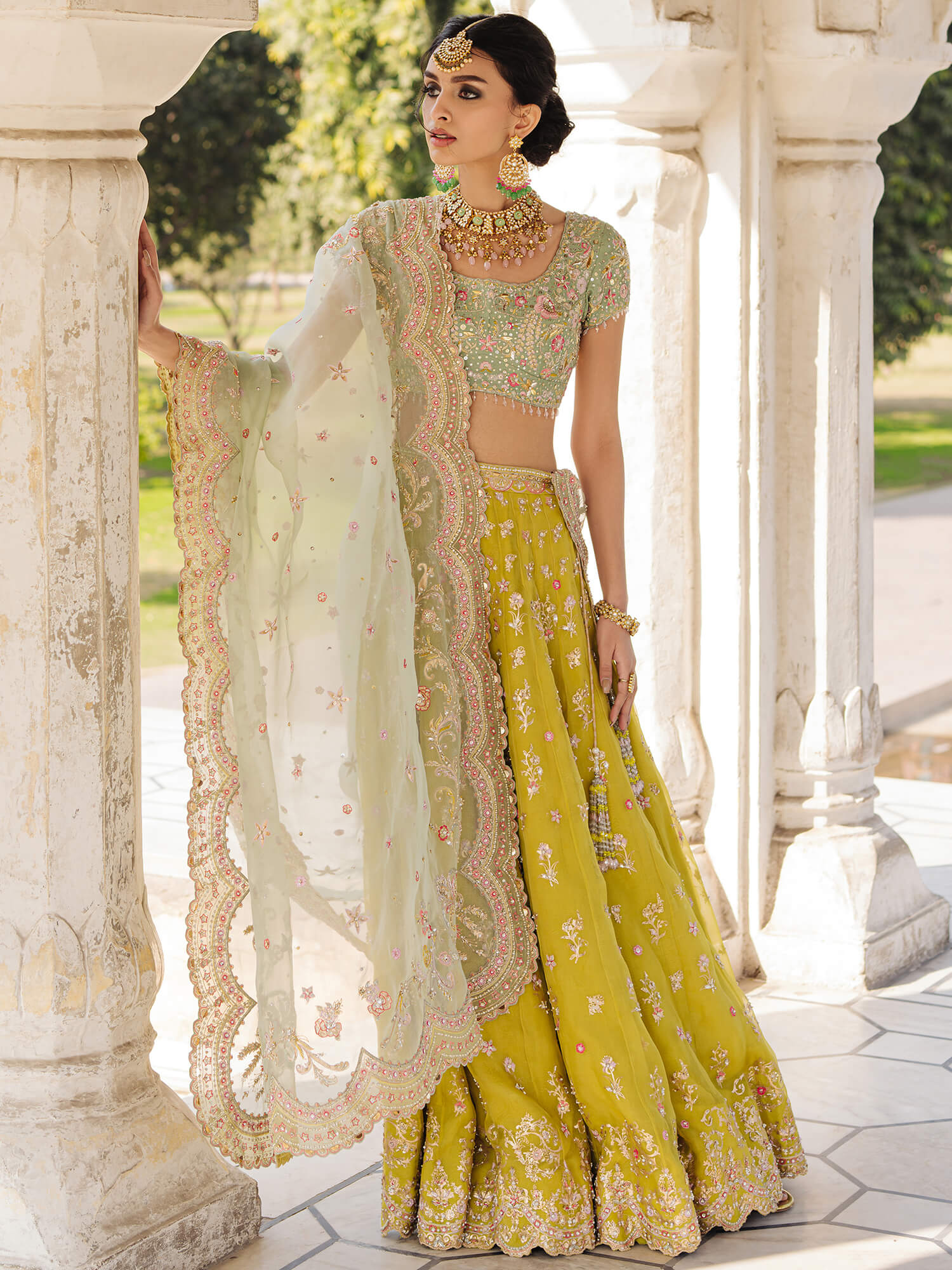 Pakistani Mint Zardozi Khaddi Silk Lehenga Set (3-Piece) - Image 1
