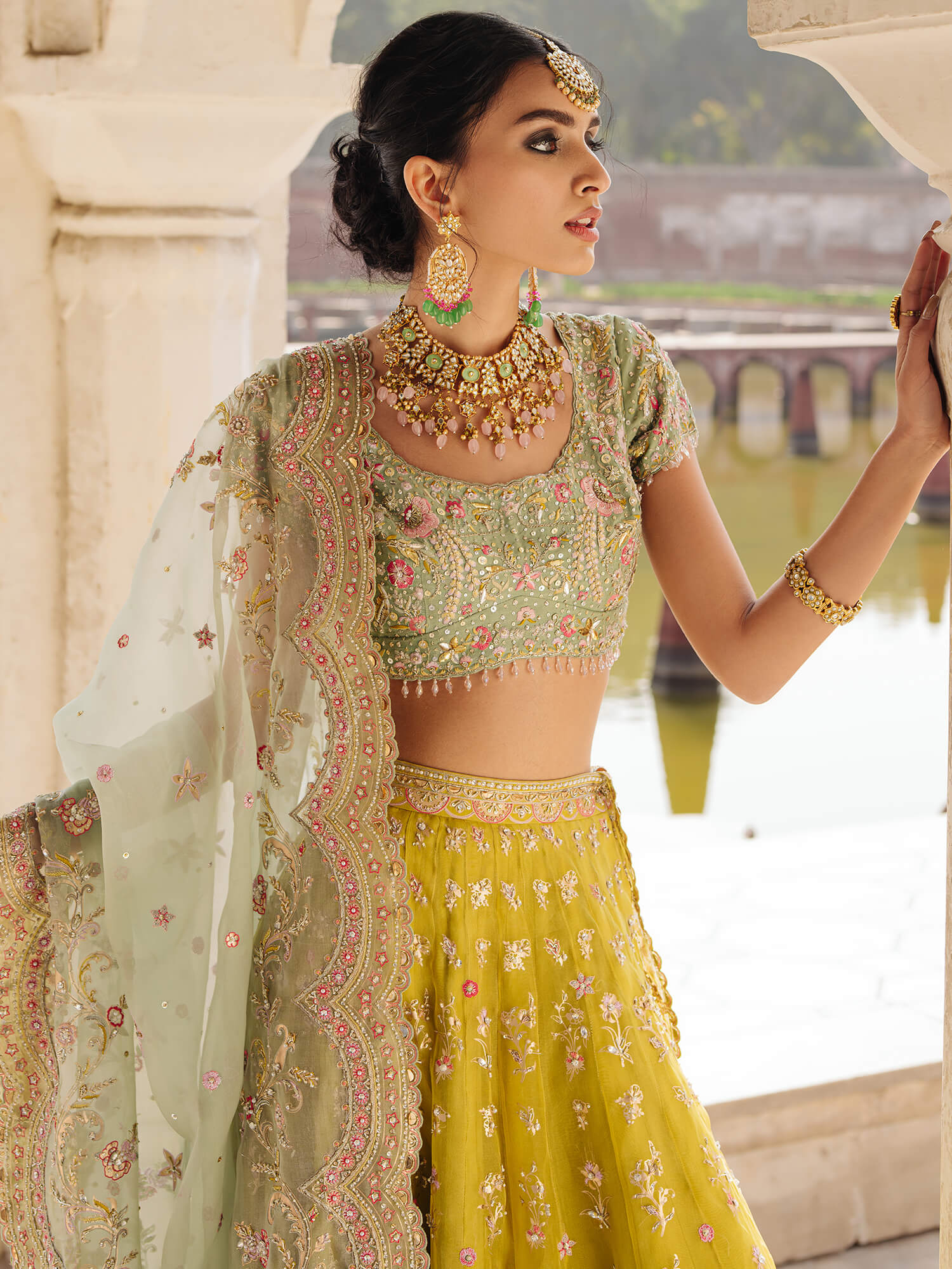 Pakistani Mint Zardozi Khaddi Silk Lehenga Set (3-Piece) - Image 2