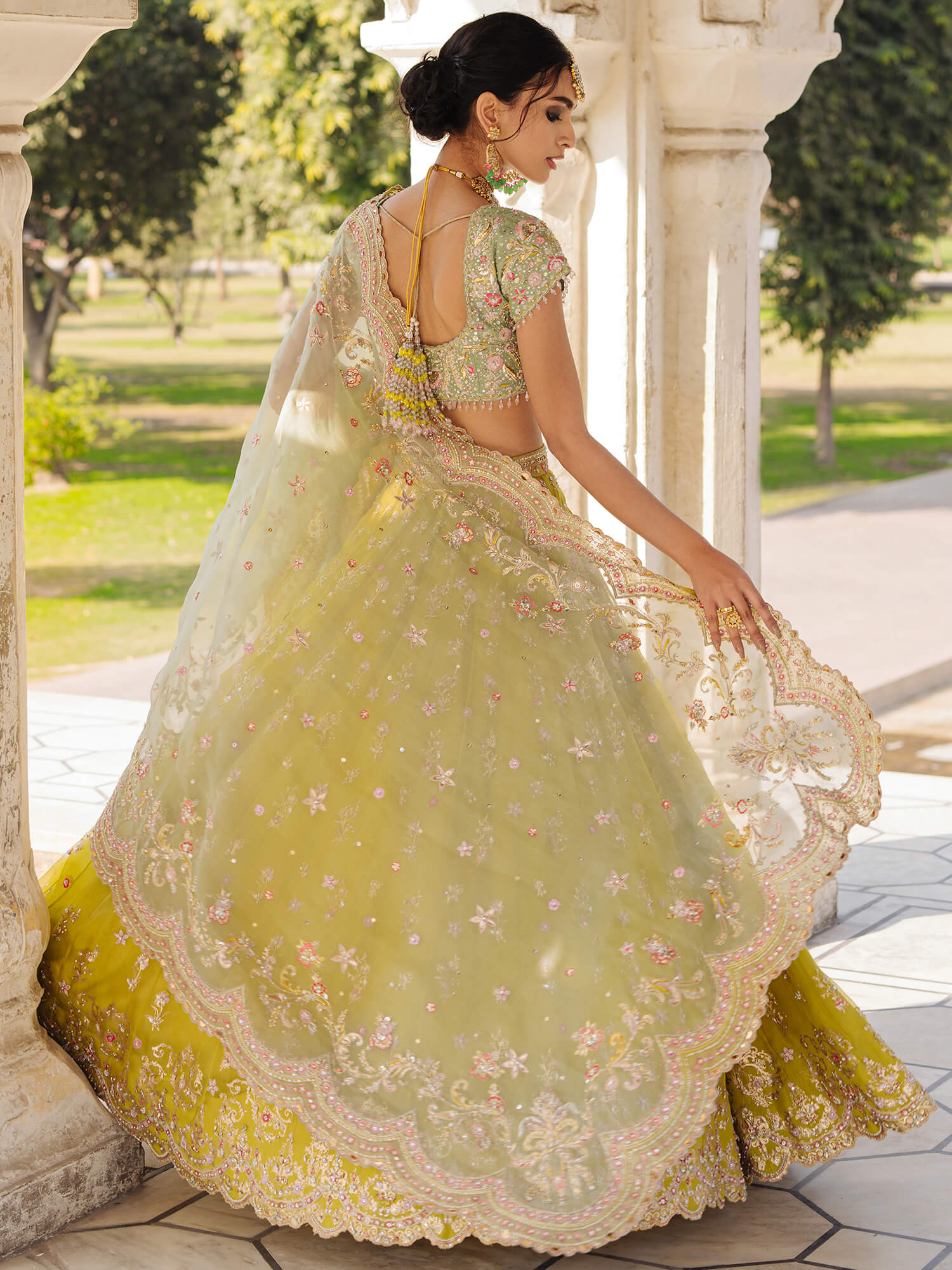 Pakistani Mint Zardozi Khaddi Silk Lehenga Set (3-Piece) - Image 3