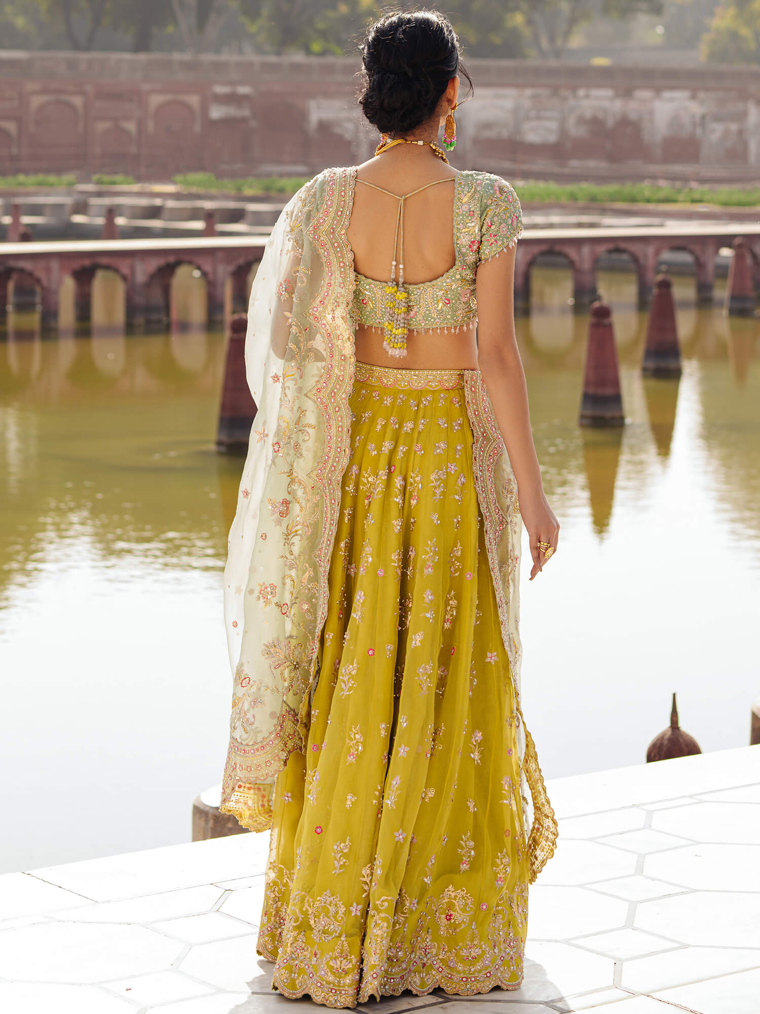 Pakistani Mint Zardozi Khaddi Silk Lehenga Set (3-Piece) - Image 4