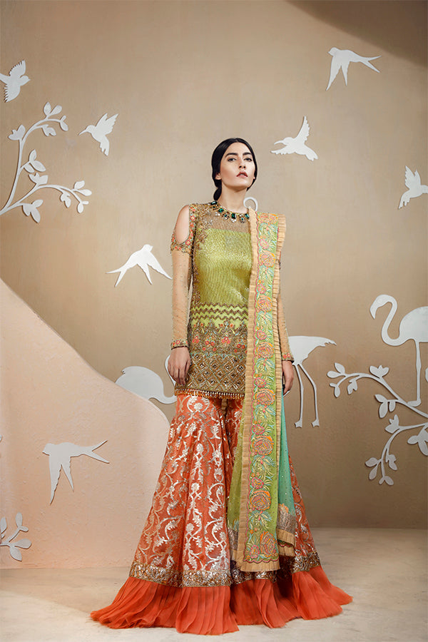 Pakistani Olive Green & Coral Embroidered Bridal Lehenga (3-Piece) - Image 1