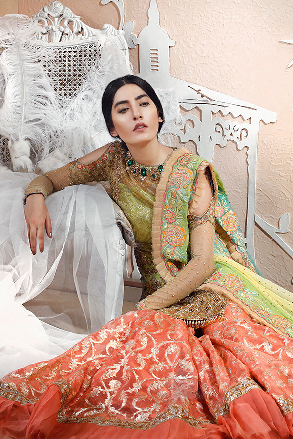 Pakistani Olive Green & Coral Embroidered Bridal Lehenga (3-Piece) - Image 2