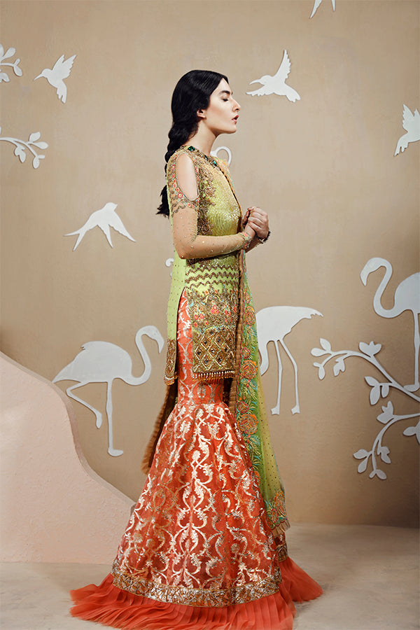 Pakistani Olive Green & Coral Embroidered Bridal Lehenga (3-Piece) - Image 3