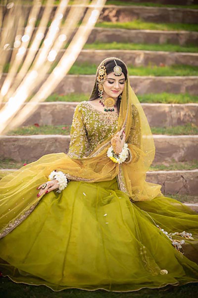 Olive Green Embroidered Net Lehenga (3-Piece) - Image 1