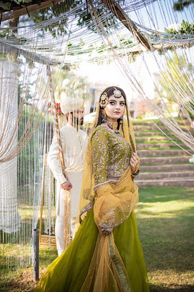 Olive Green Embroidered Net Lehenga (3-Piece) - Image 10