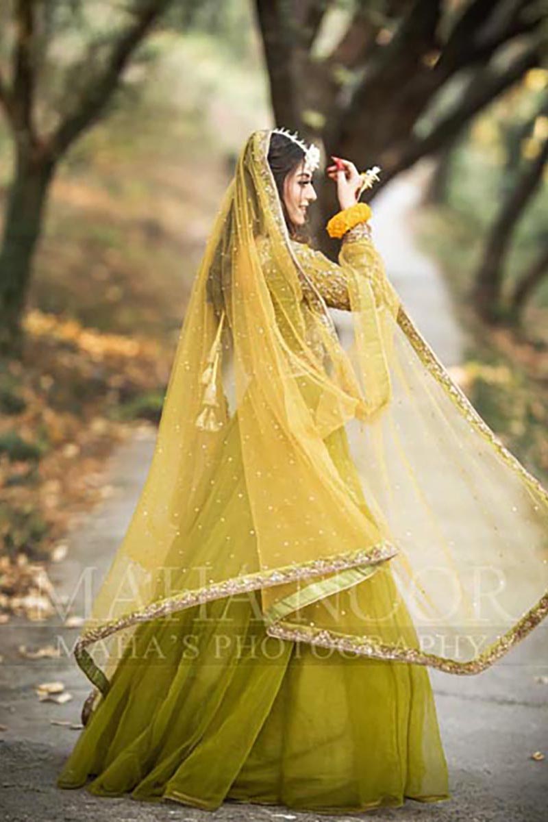 Olive Green Embroidered Net Lehenga (3-Piece) - Image 5