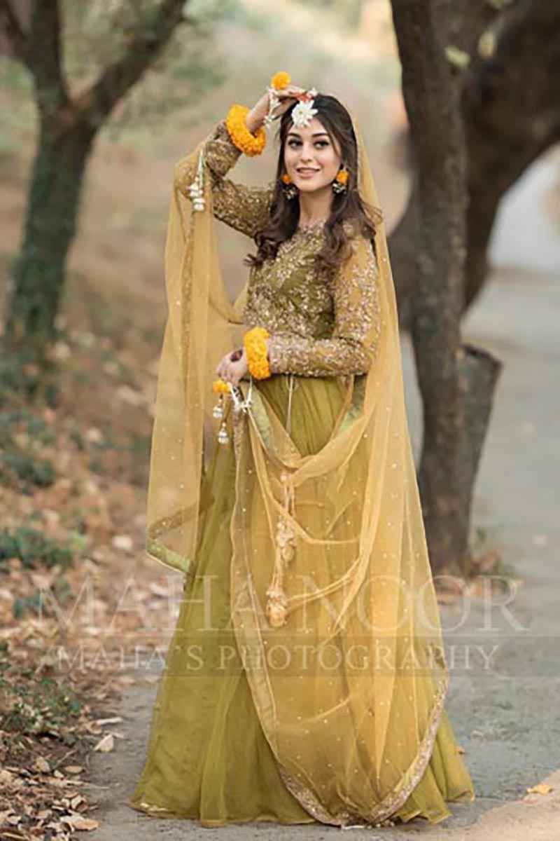 Olive Green Embroidered Net Lehenga (3-Piece) - Image 7