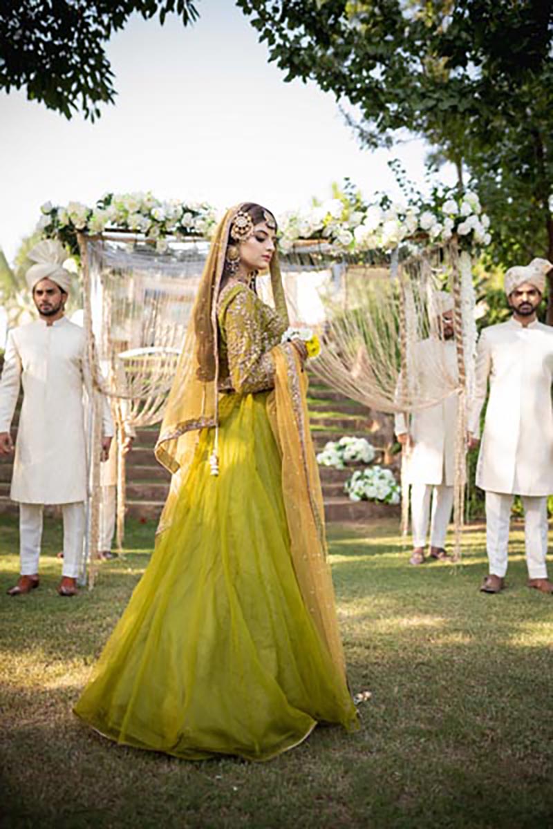 Olive Green Embroidered Net Lehenga (3-Piece) - Image 9