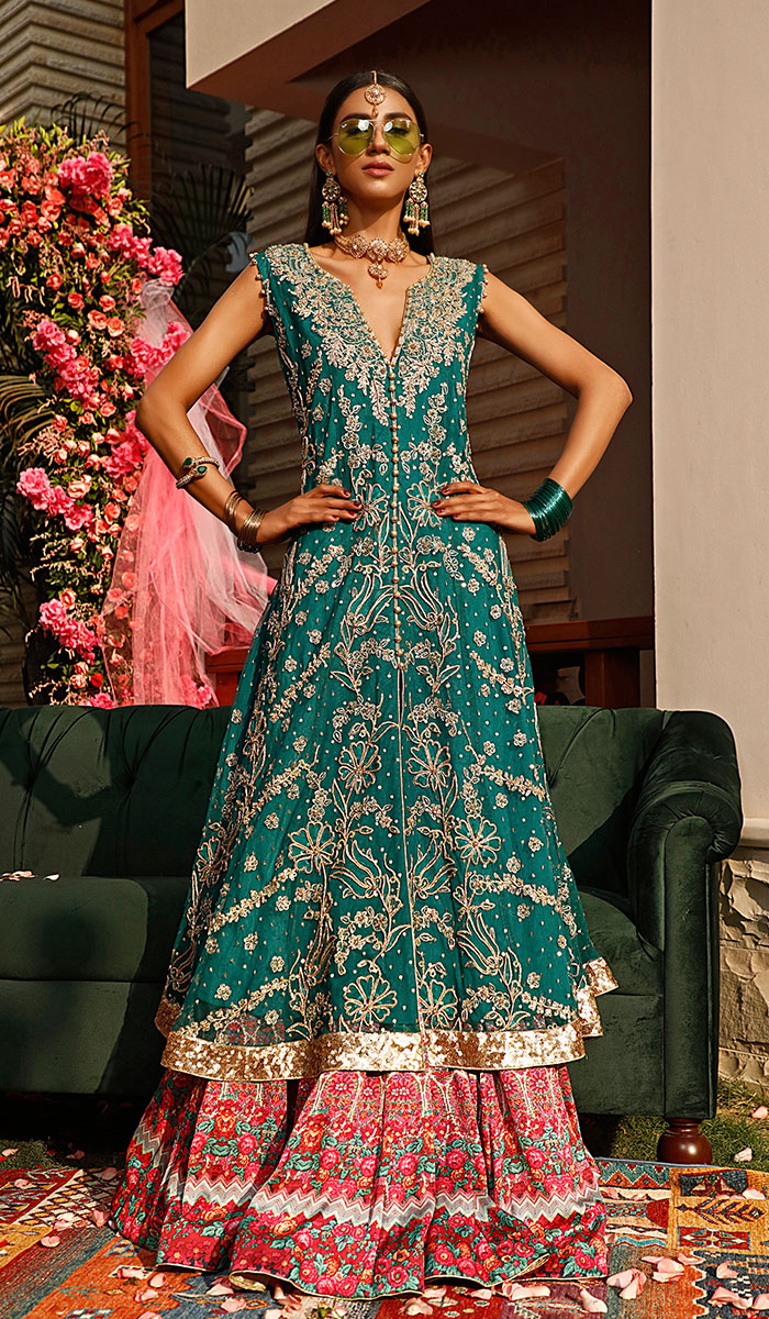 Teal Embroidered Net Long Kameez with Printed Lehenga (2-Piece) - Image 1