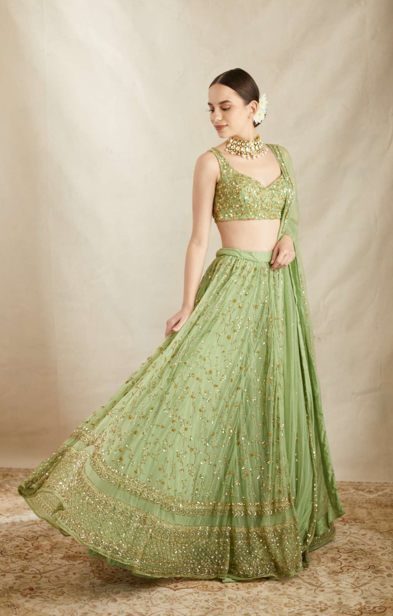 Mint Green Heavy Jaal Embroidered Net Lehenga (3-Piece) - Image 1