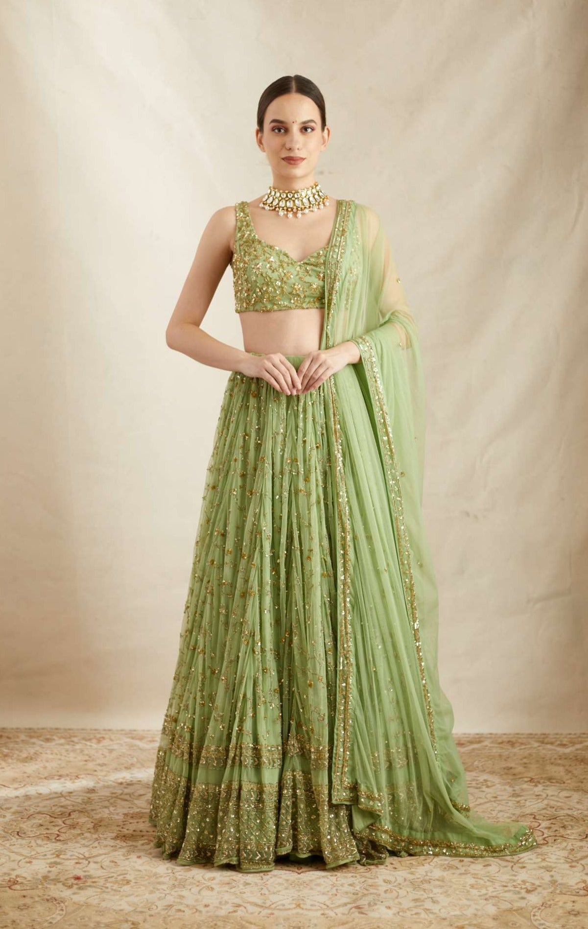Mint Green Heavy Jaal Embroidered Net Lehenga (3-Piece) - Image 2