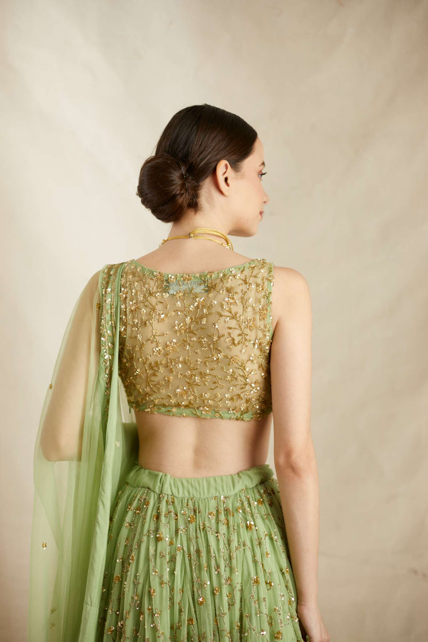 Mint Green Heavy Jaal Embroidered Net Lehenga (3-Piece) - Image 3