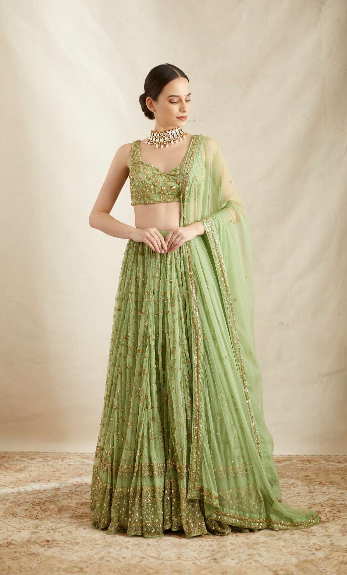 Mint Green Heavy Jaal Embroidered Net Lehenga (3-Piece) - Image 4