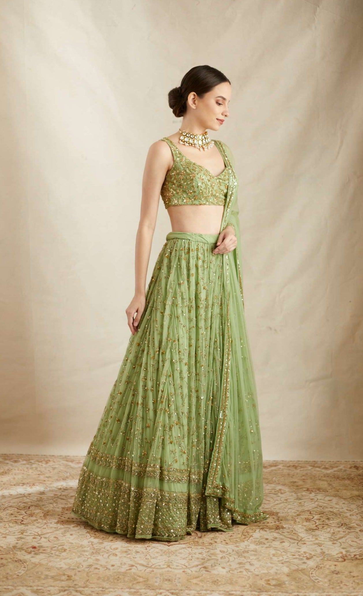 Mint Green Heavy Jaal Embroidered Net Lehenga (3-Piece) - Image 5