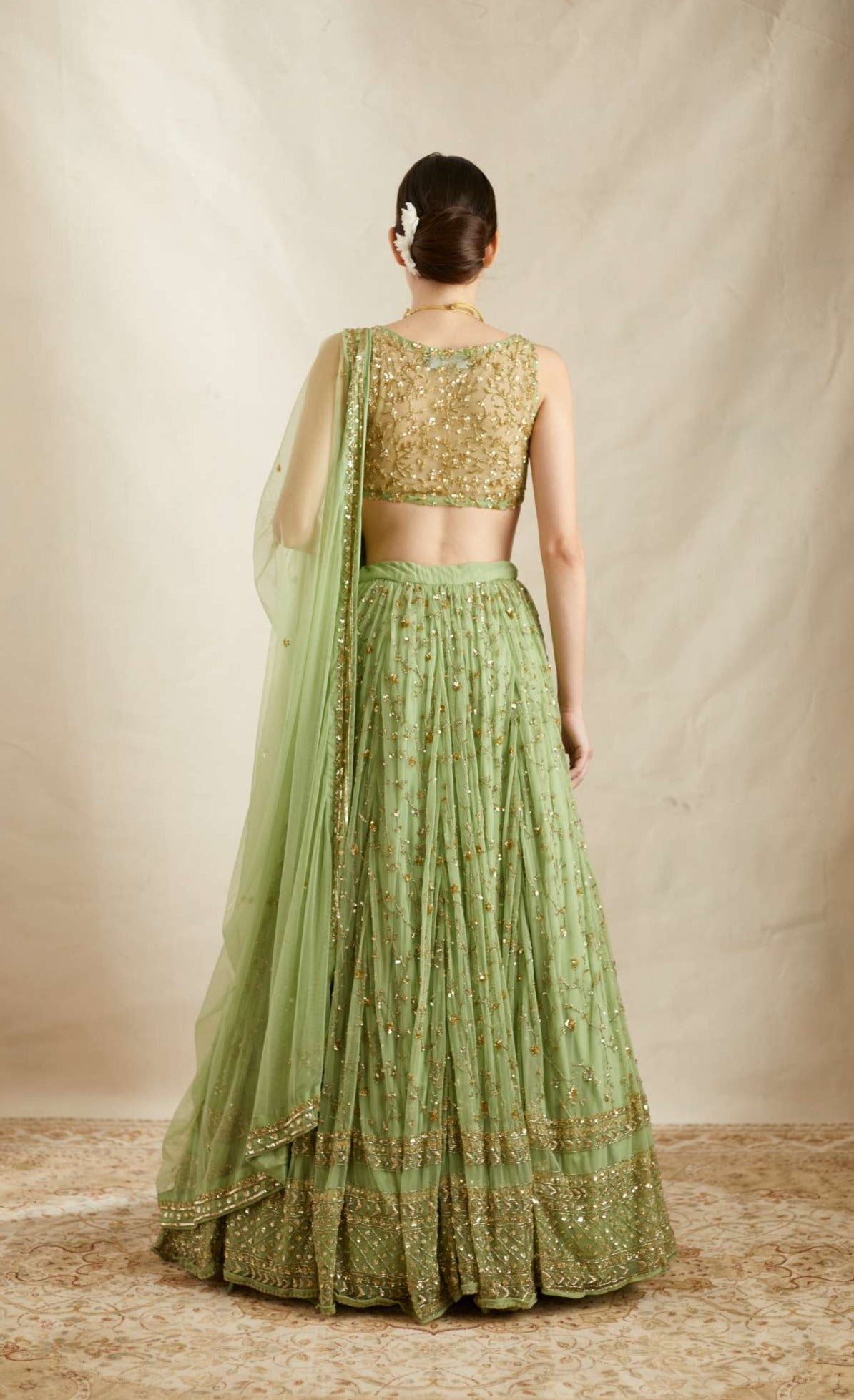 Mint Green Heavy Jaal Embroidered Net Lehenga (3-Piece) - Image 6
