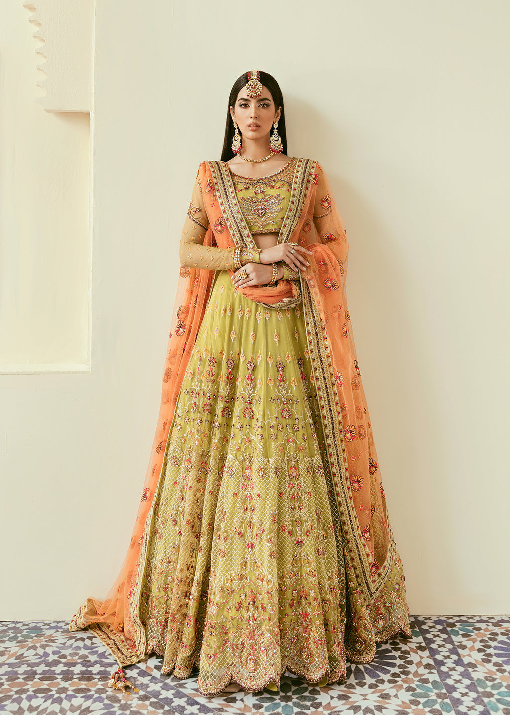Pakistani Olive Hand-Embellished Net & Organza Lehenga (3-Piece) - Image 1