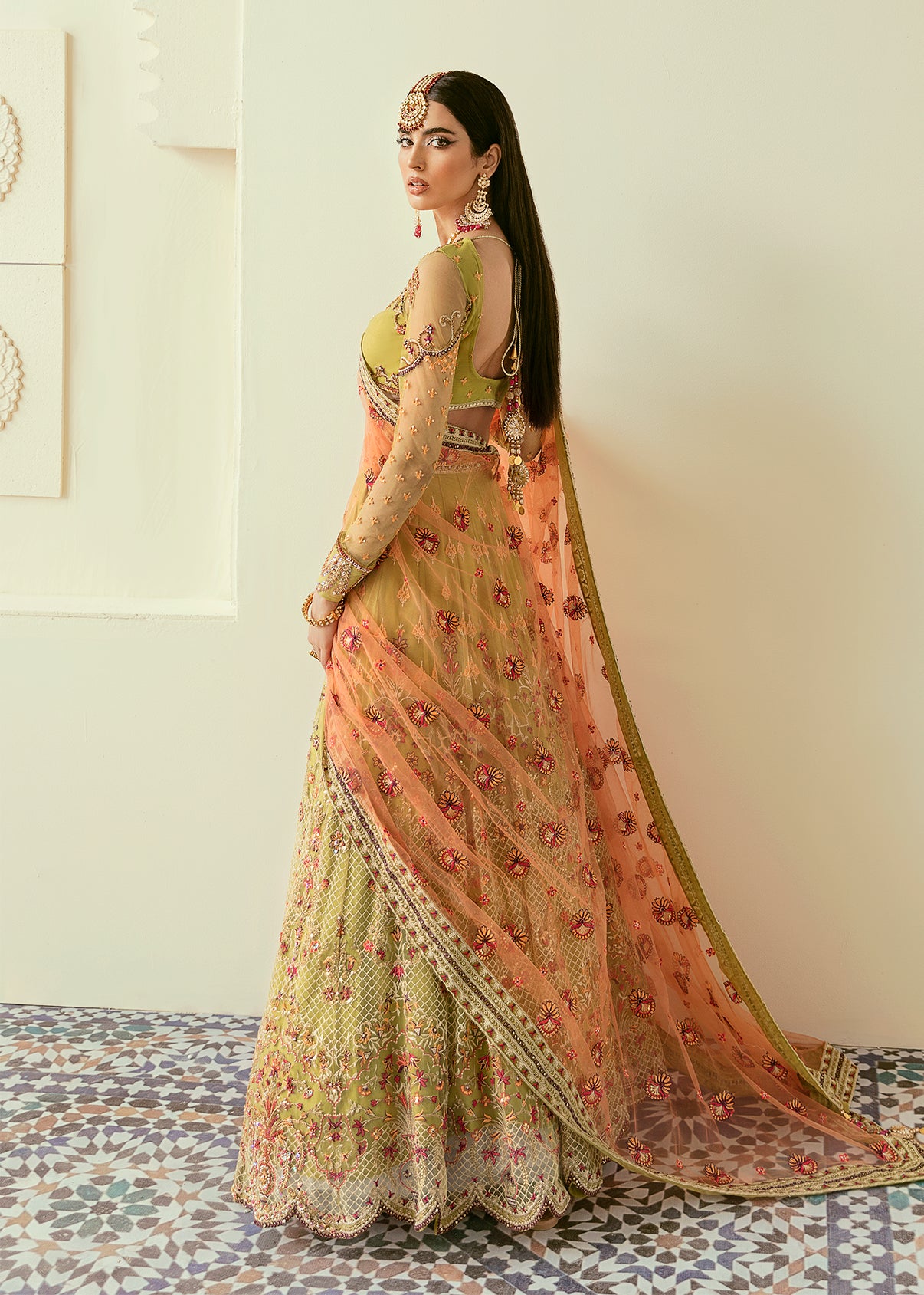 Pakistani Olive Hand-Embellished Net & Organza Lehenga (3-Piece) - Image 2