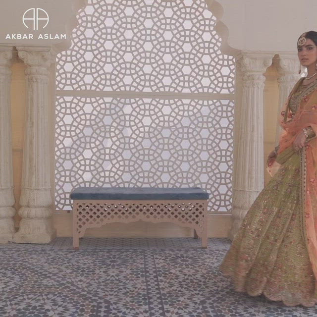 Pakistani Olive Hand-Embellished Net & Organza Lehenga (3-Piece) - Image 3