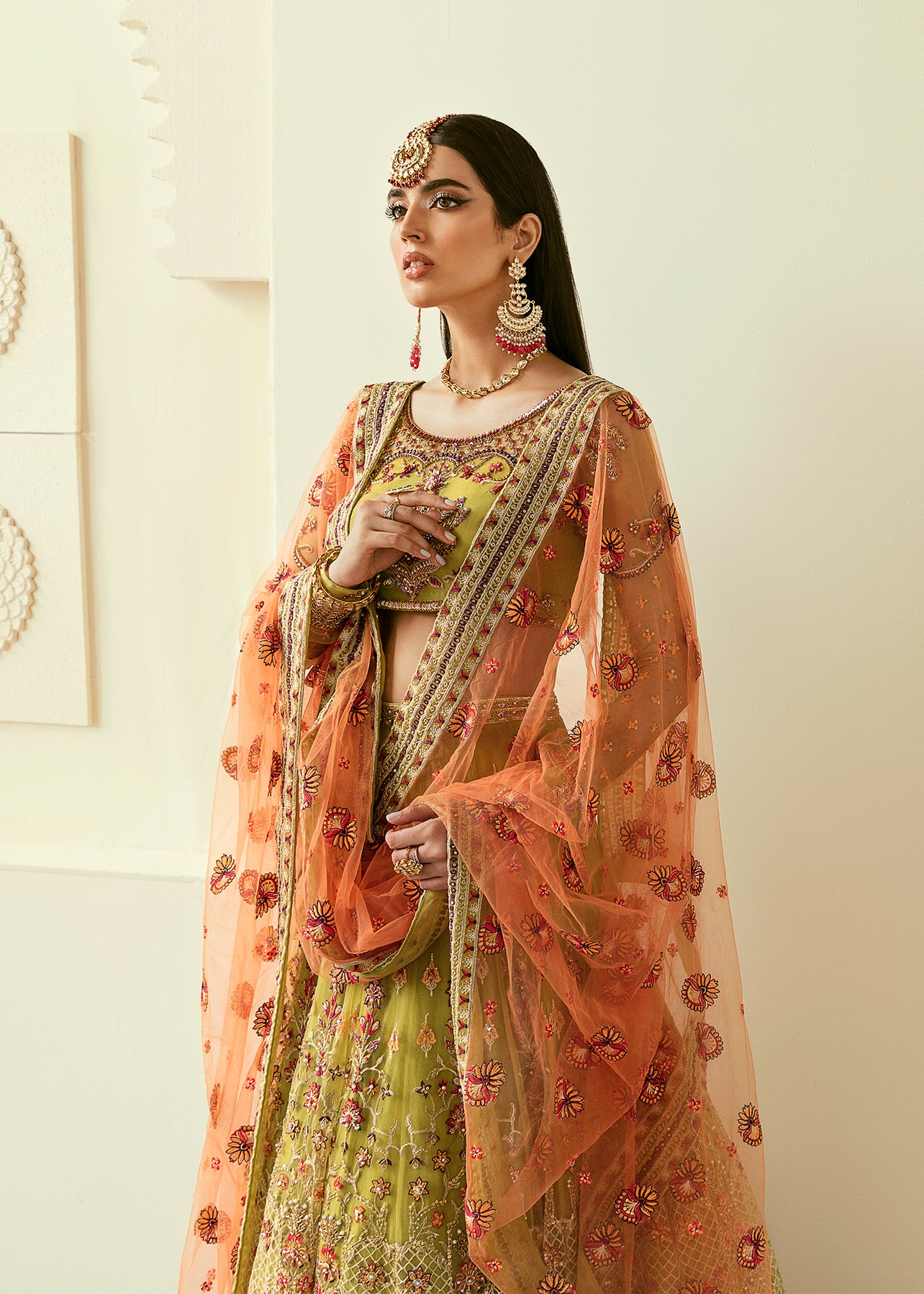 Pakistani Olive Hand-Embellished Net & Organza Lehenga (3-Piece) - Image 4
