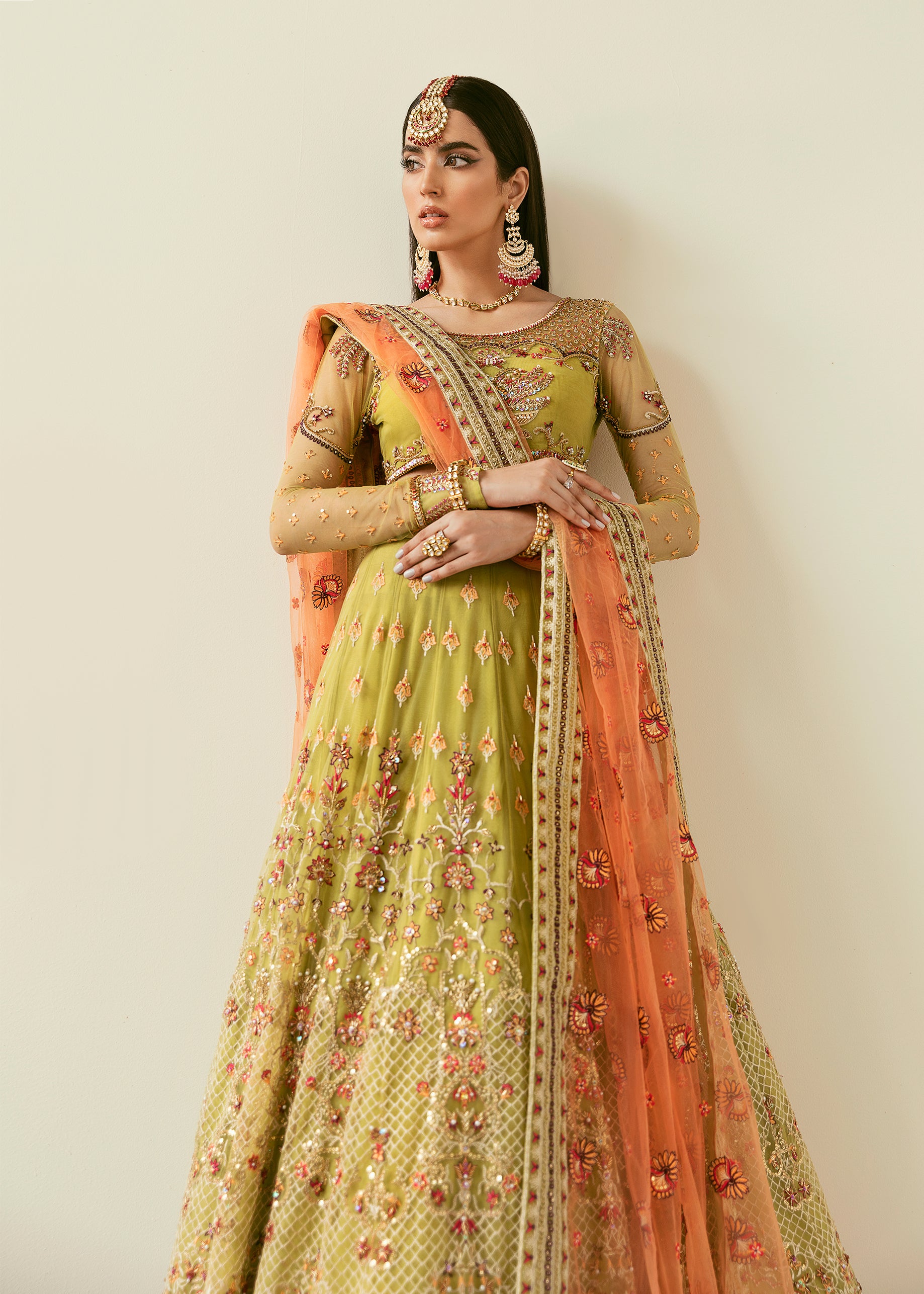 Pakistani Olive Hand-Embellished Net & Organza Lehenga (3-Piece) - Image 6