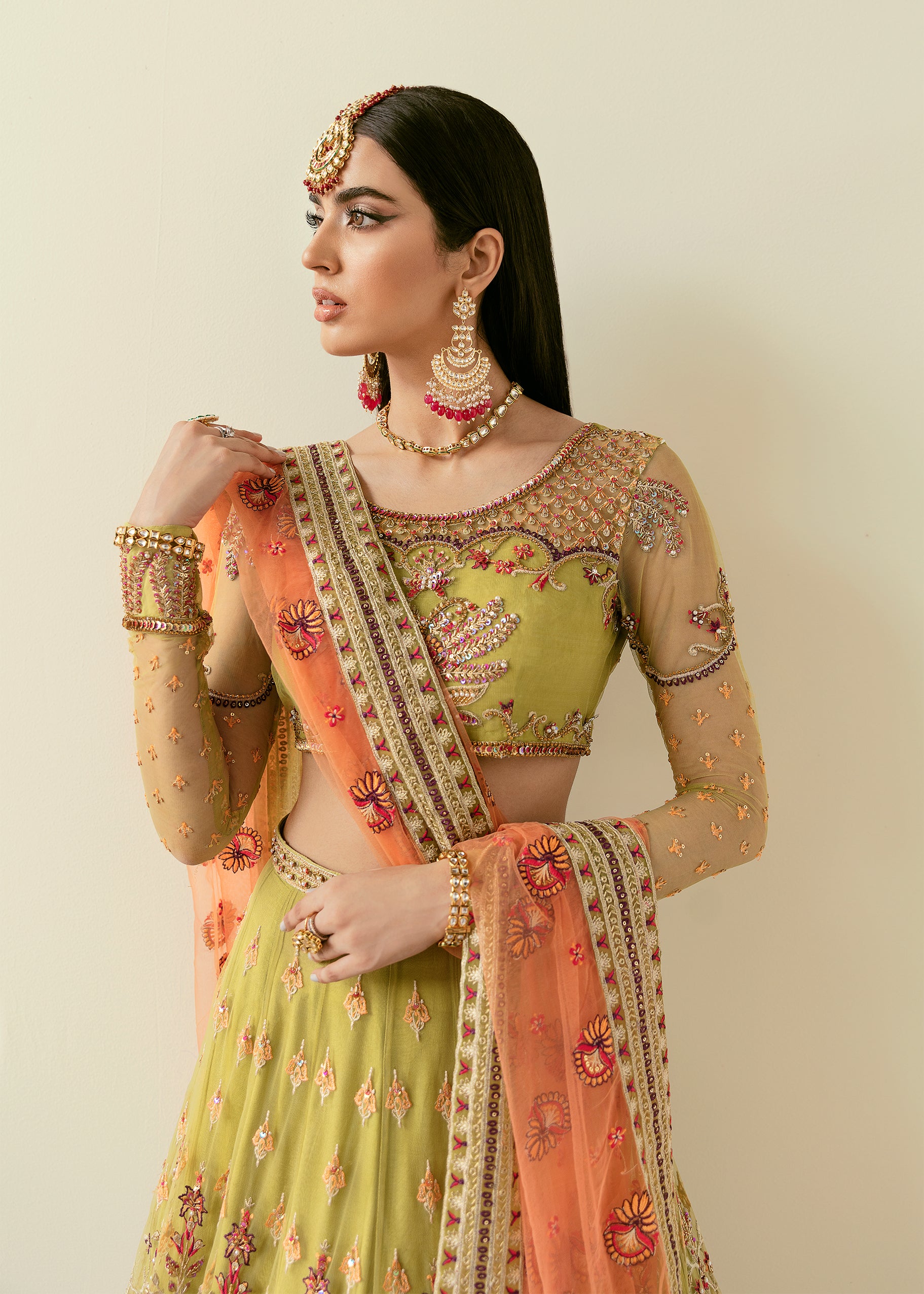 Pakistani Olive Hand-Embellished Net & Organza Lehenga (3-Piece) - Image 7