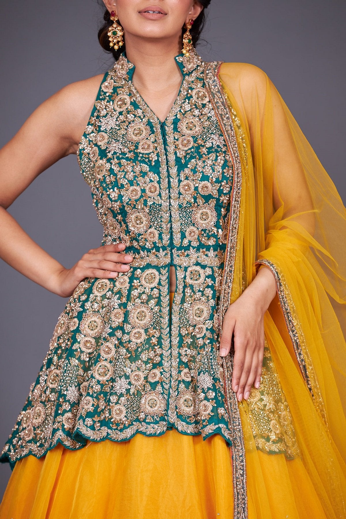 Pakistani Emerald Green Embroidered Organza Lehenga (3-Piece) - Image 4