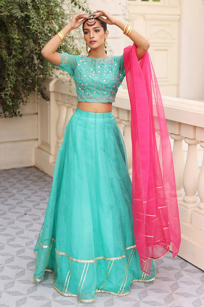 Green Gota Embroidered Organza Lehenga Choli (3-Piece) - Image 1