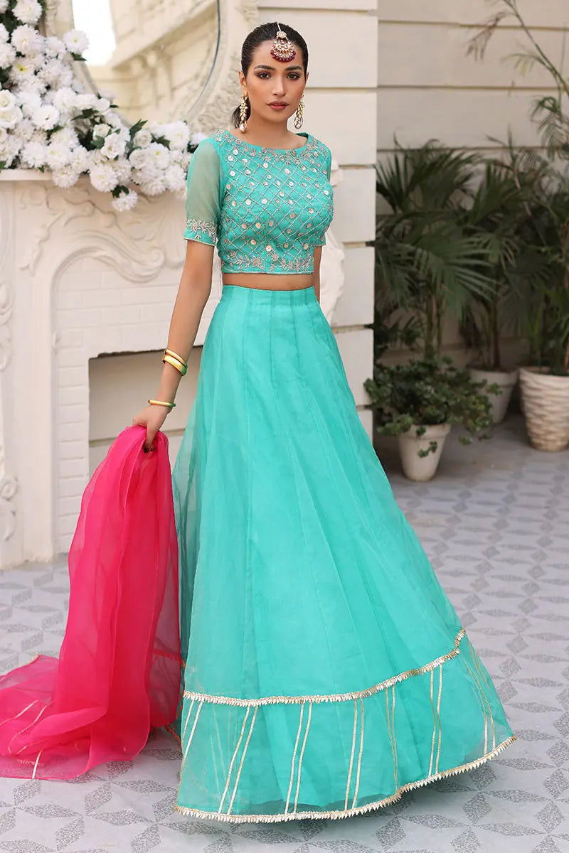 Green Gota Embroidered Organza Lehenga Choli (3-Piece) - Image 2