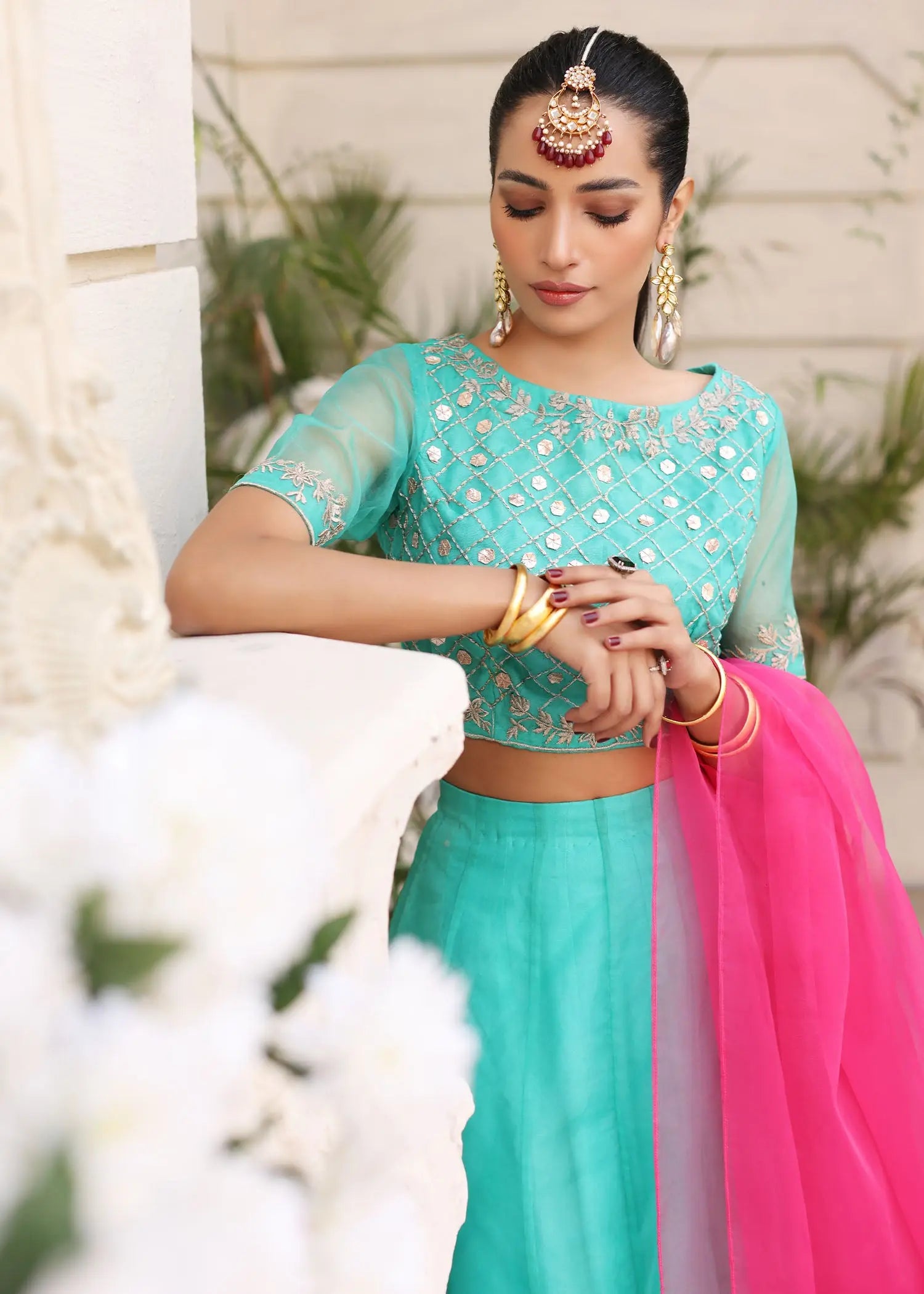 Green Gota Embroidered Organza Lehenga Choli (3-Piece) - Image 3