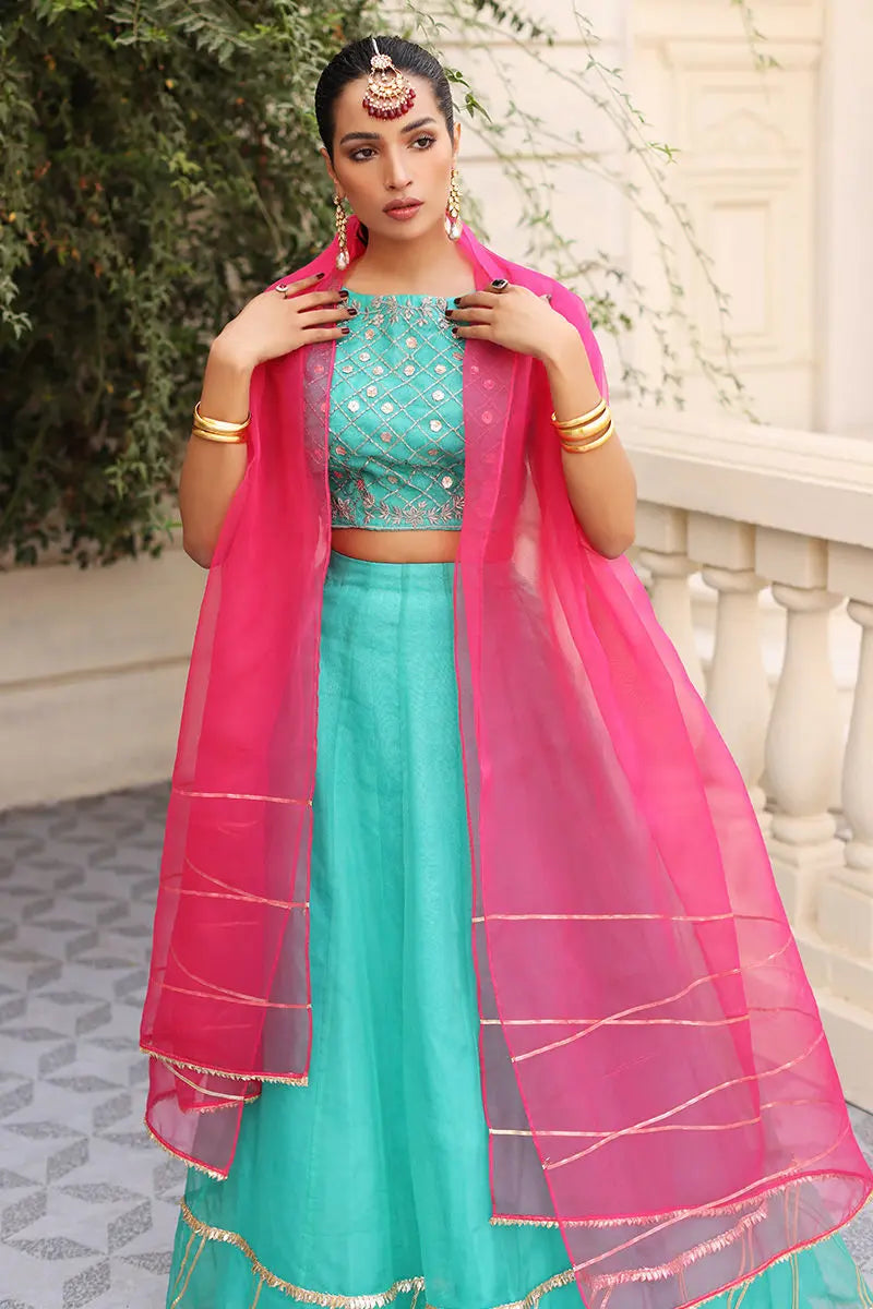 Green Gota Embroidered Organza Lehenga Choli (3-Piece) - Image 4