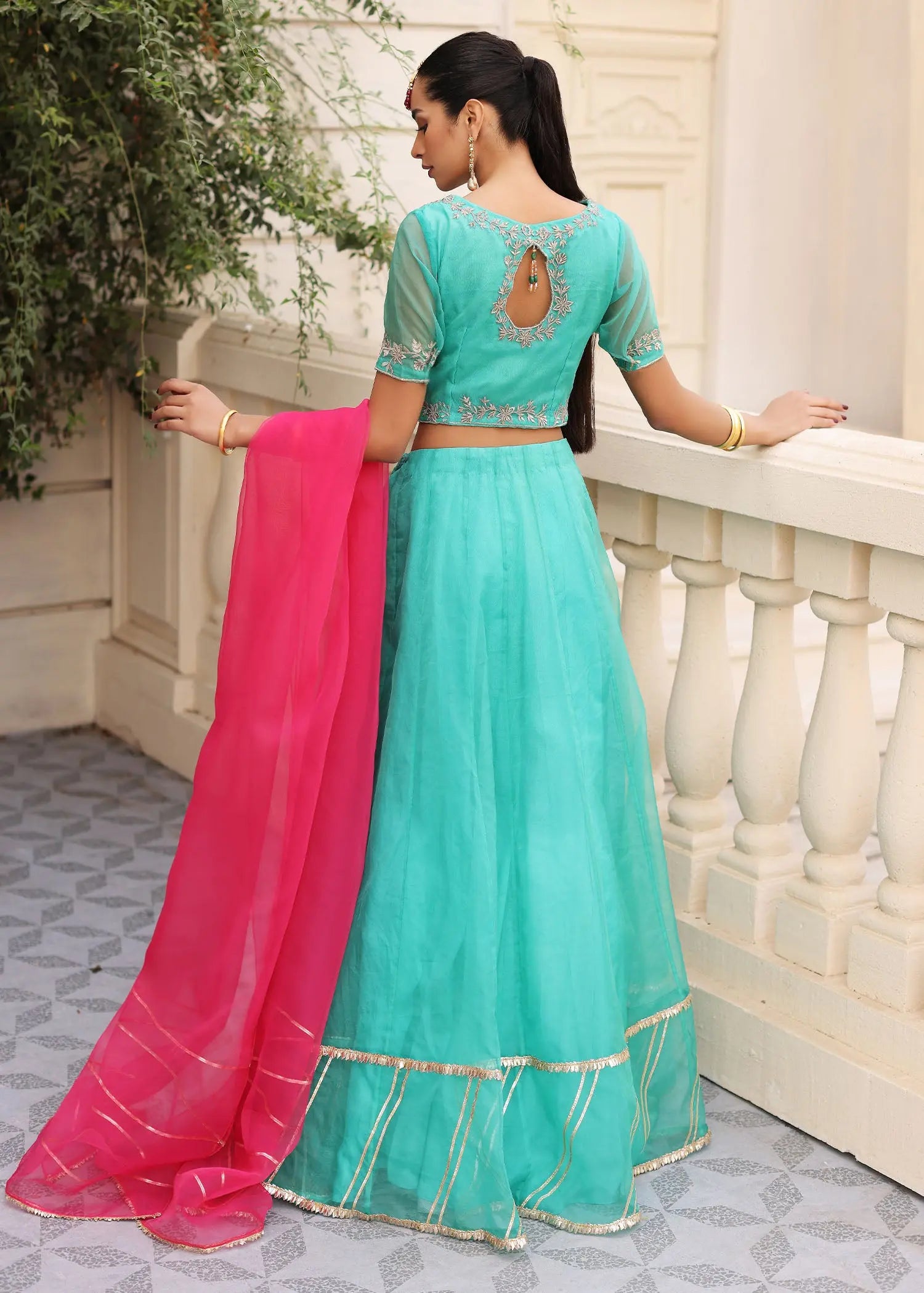 Green Gota Embroidered Organza Lehenga Choli (3-Piece) - Image 5
