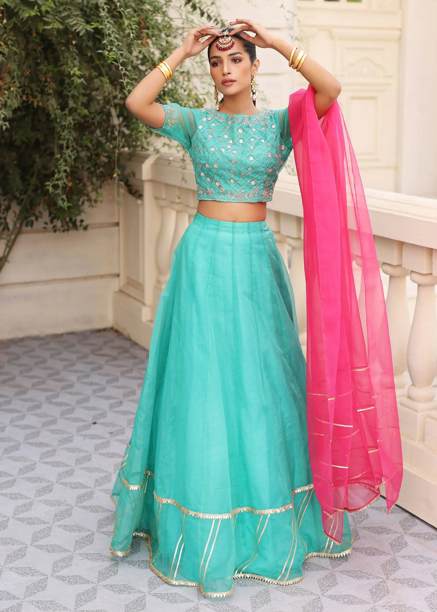 Green Gota Embroidered Organza Lehenga Choli (3-Piece) - Image 7