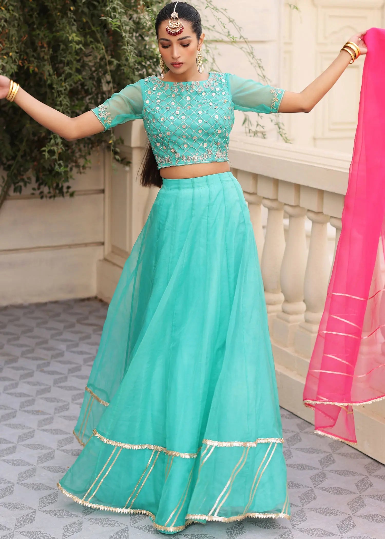 Green Gota Embroidered Organza Lehenga Choli (3-Piece) - Image 8