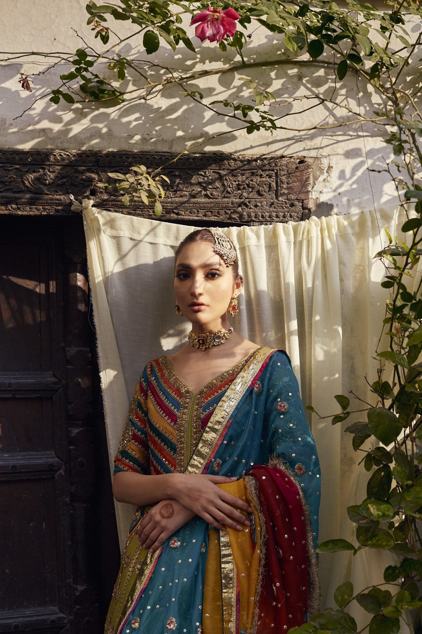 Pakistani Sage Green Embellished Organza & Kamkhaab Lehenga (3-Piece) - Image 1