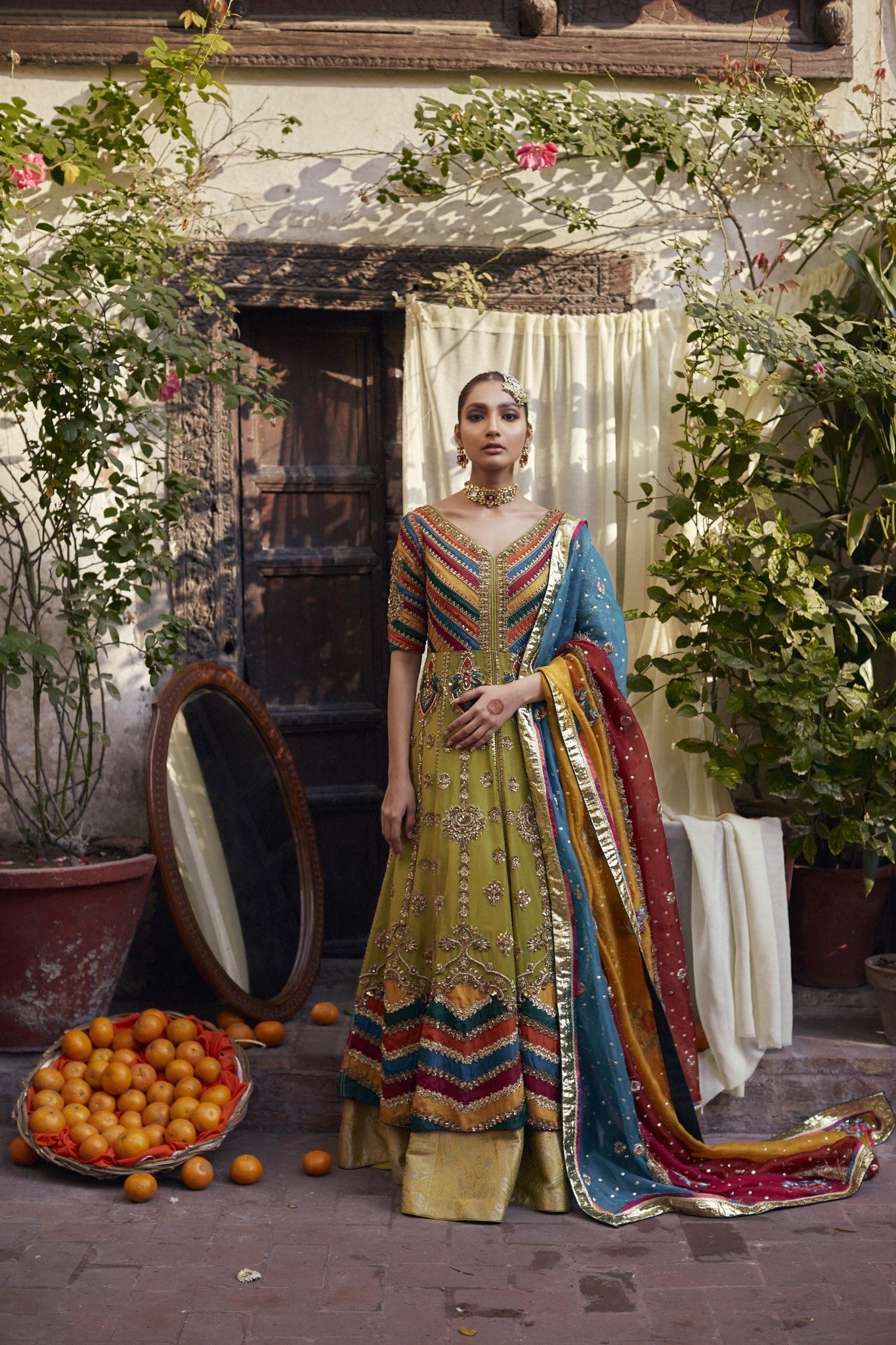 Pakistani Sage Green Embellished Organza & Kamkhaab Lehenga (3-Piece) - Image 2