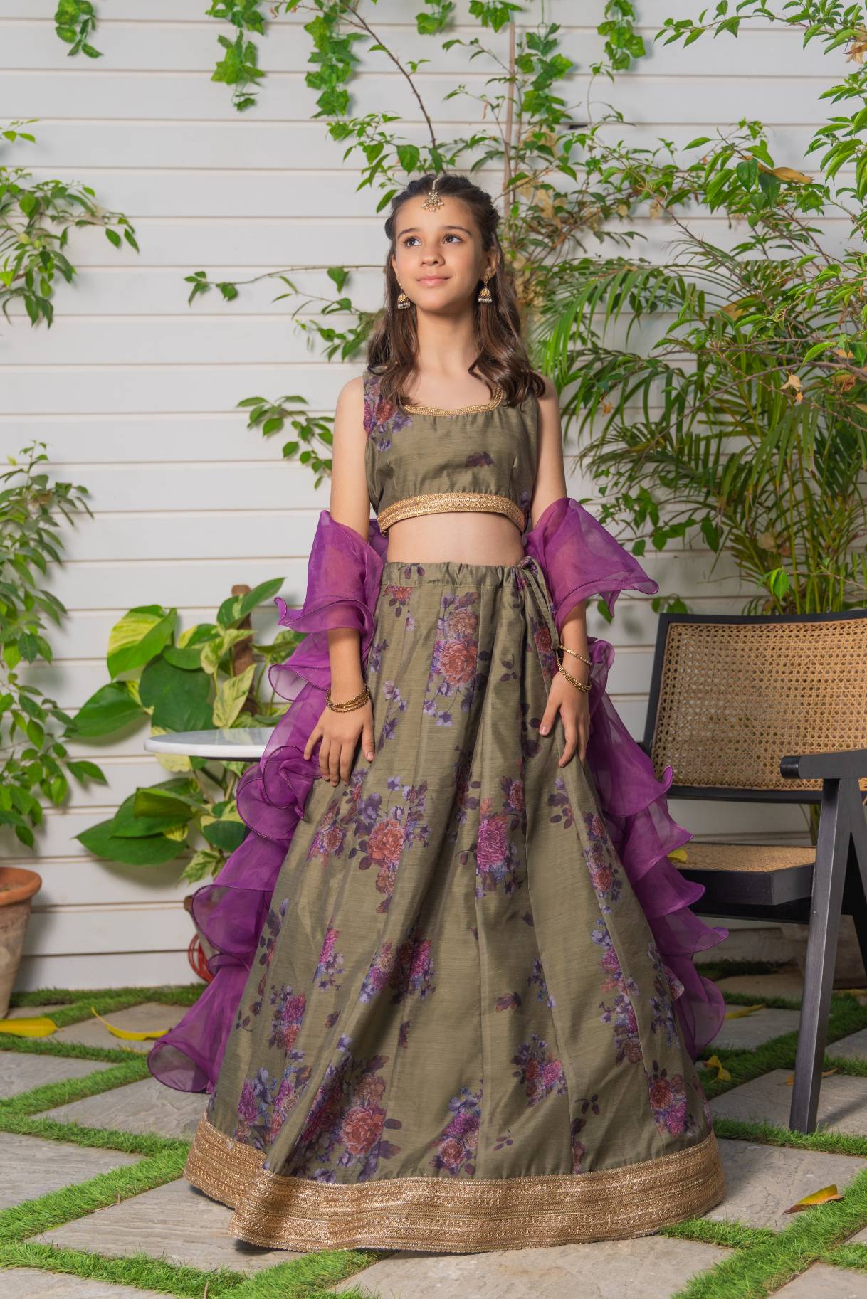 Olive Digital Printed Organza Silk Lehenga Choli (3-Piece) - Image 2
