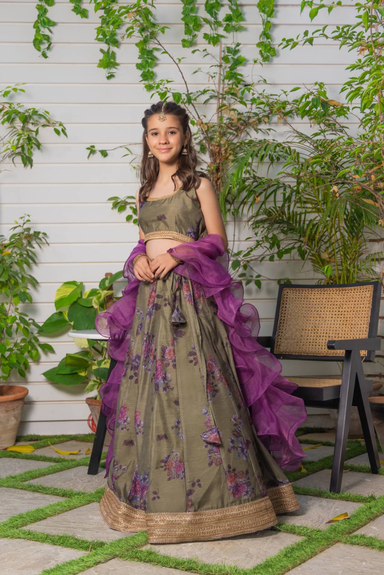 Olive Digital Printed Organza Silk Lehenga Choli (3-Piece) - Image 3