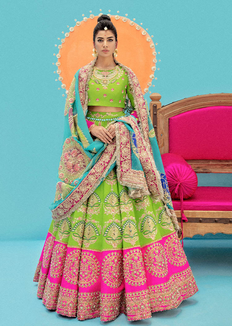Pakistani Acid Green Embroidered Raw Silk Lehenga (3-Piece) - Image 1