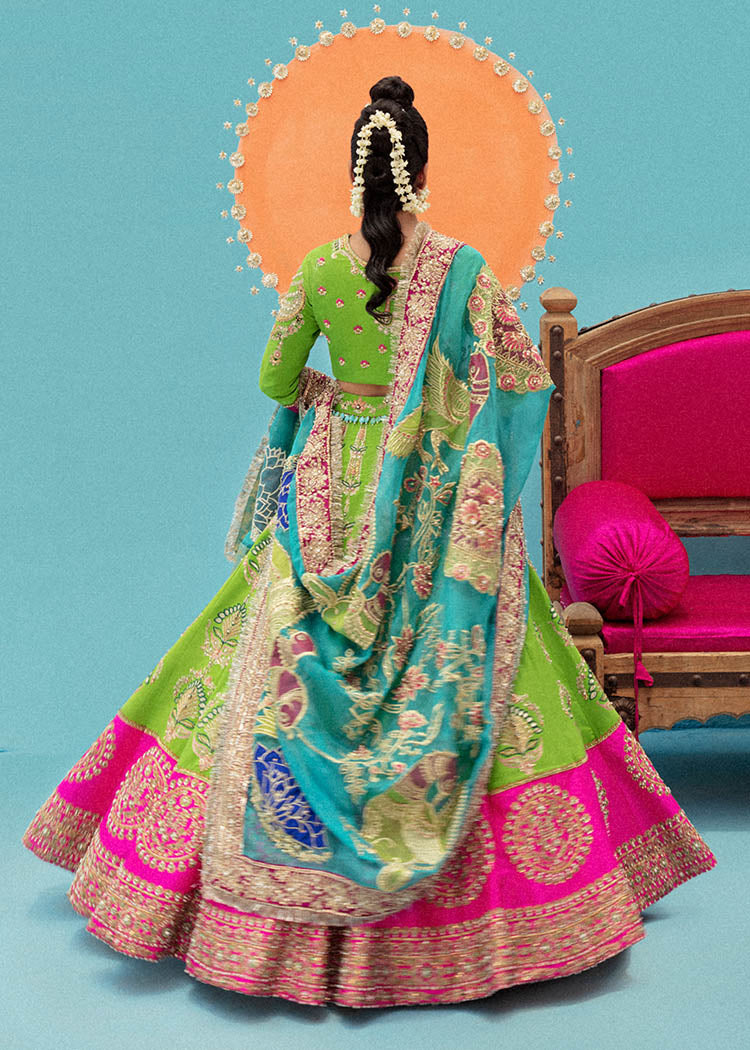 Pakistani Acid Green Embroidered Raw Silk Lehenga (3-Piece) - Image 4