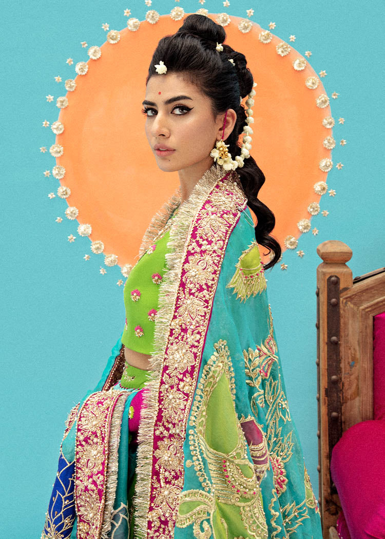 Pakistani Acid Green Embroidered Raw Silk Lehenga (3-Piece) - Image 5