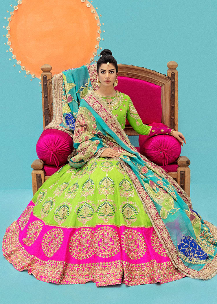 Acid Green Embroidered Raw Silk Lehenga (3-Piece) - Image 2