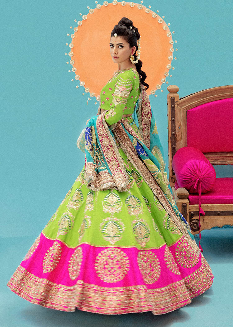 Acid Green Embroidered Raw Silk Lehenga (3-Piece) - Image 3