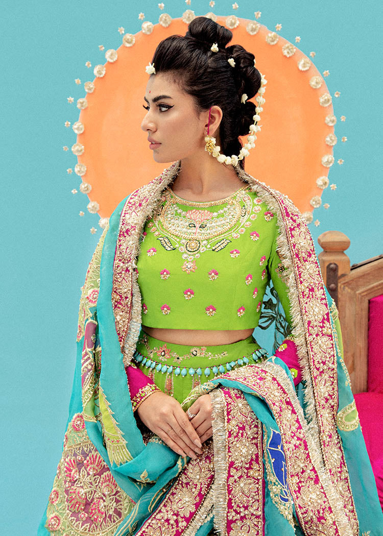 Acid Green Embroidered Raw Silk Lehenga (3-Piece) - Image 6