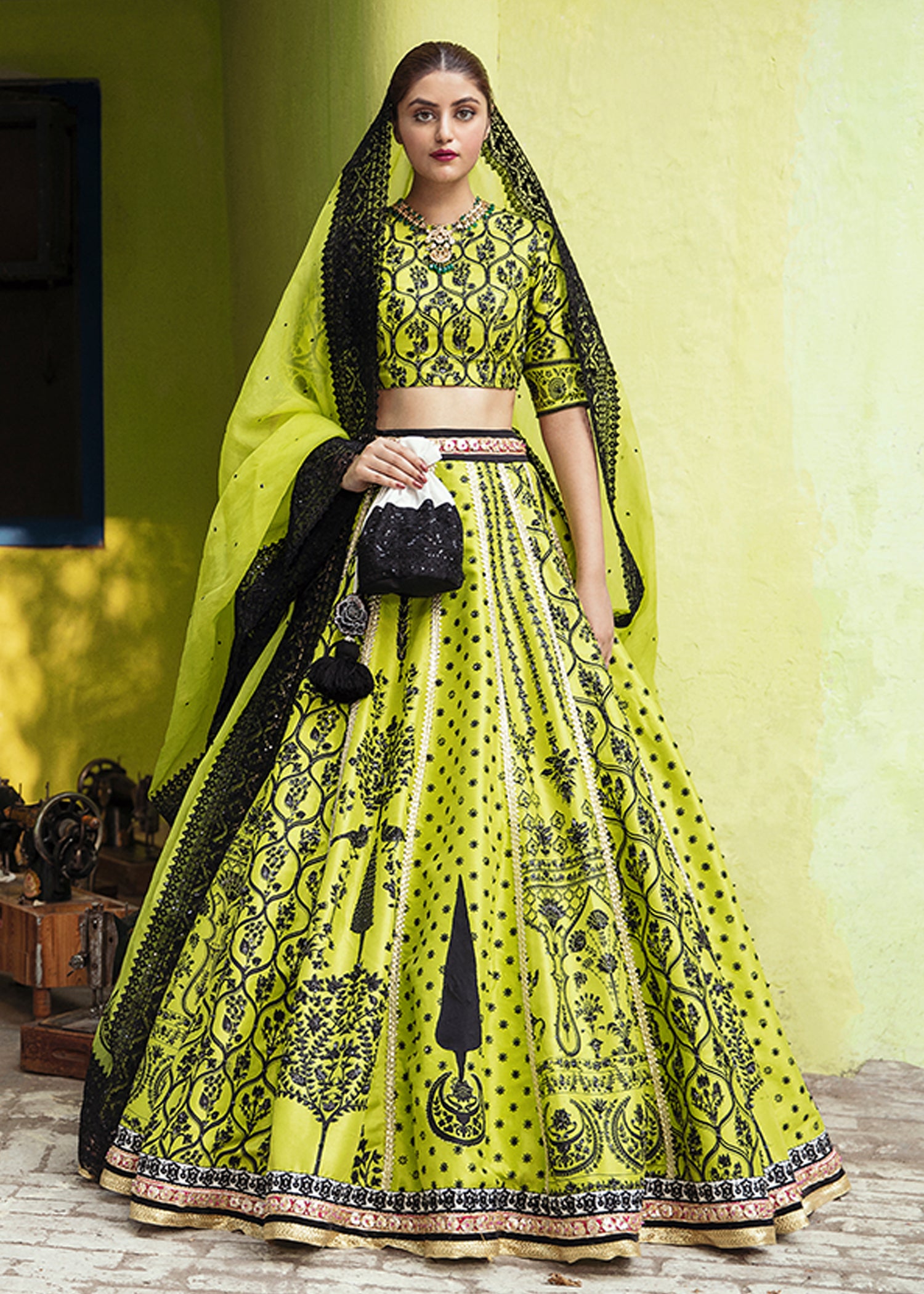 Neon Green Embroidered Raw Silk Lehenga Choli (3-Piece) - Image 1