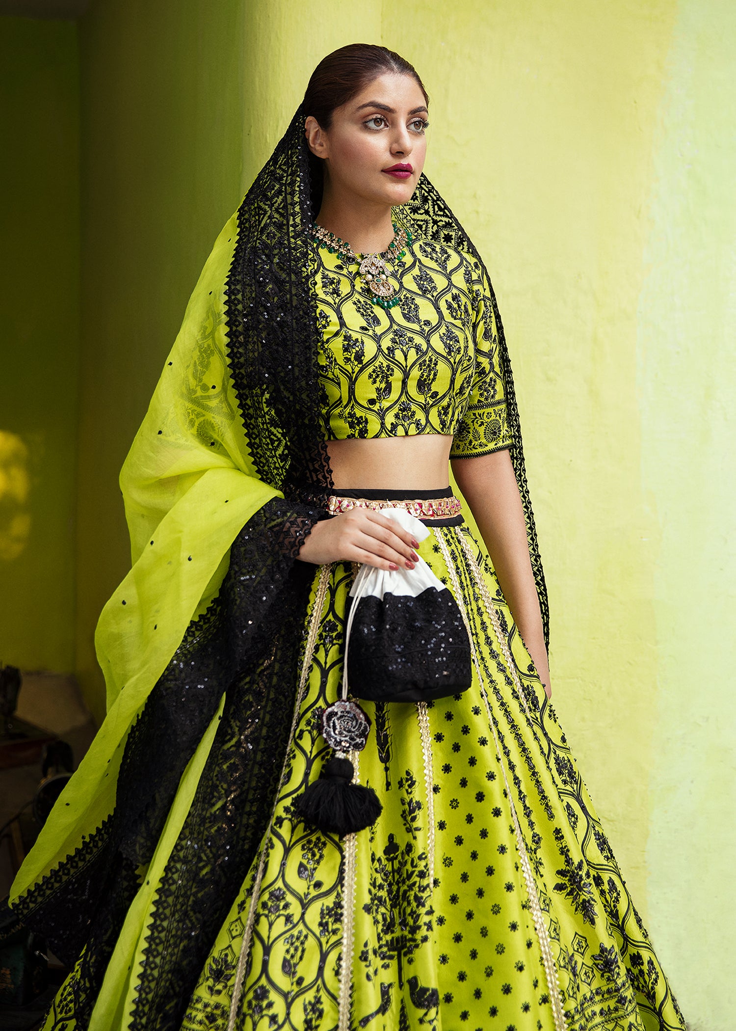 Neon Green Embroidered Raw Silk Lehenga Choli (3-Piece) - Image 5