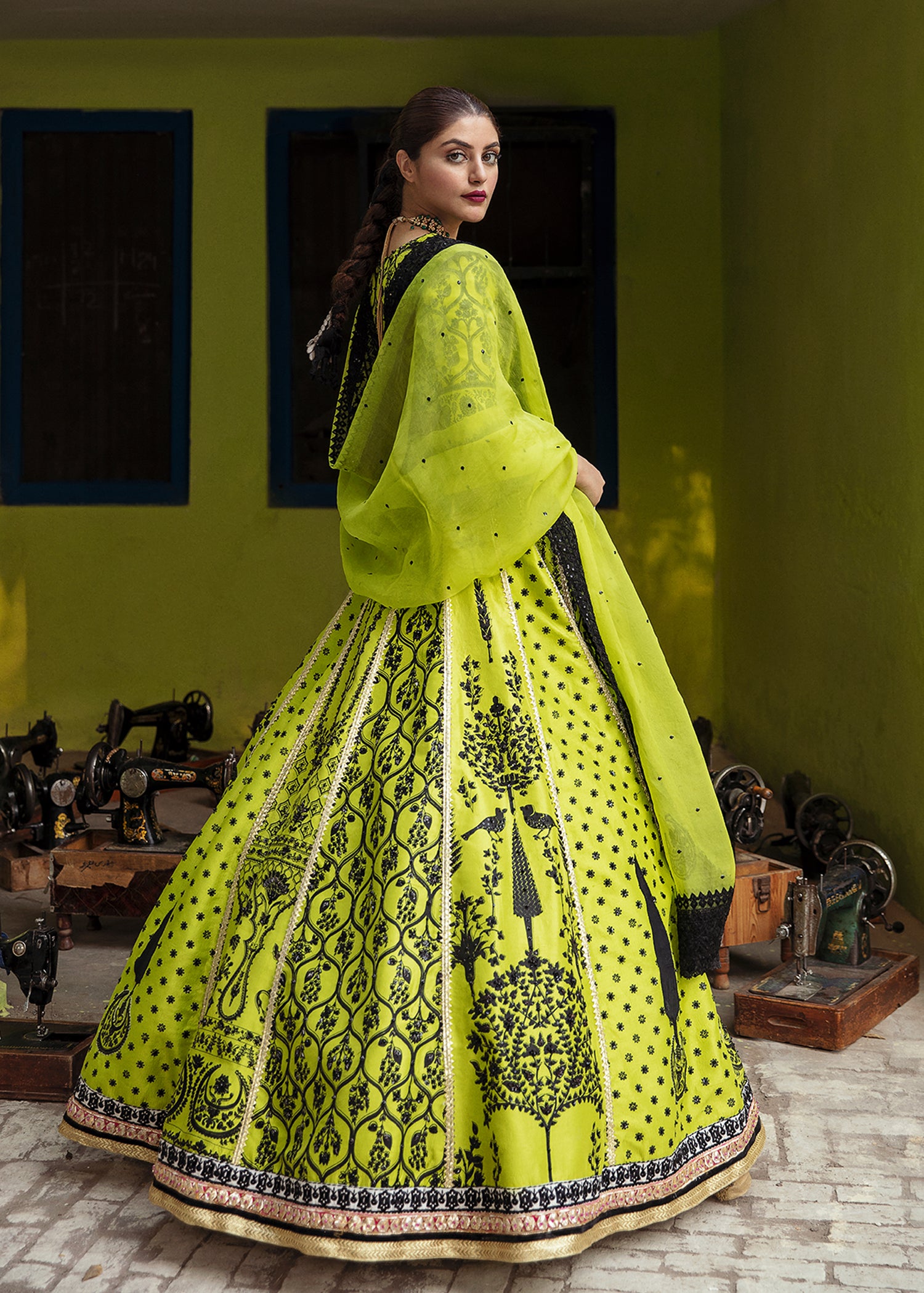 Pakistani Neon Green Embroidered Raw Silk Lehnga Choli (3-Piece) - Image 2